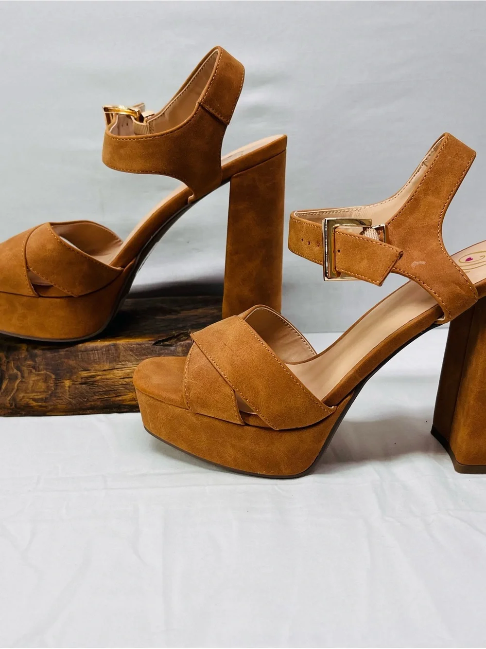 Sun + Stone Cognac Suede Platform Sandals with Ankle Buckle